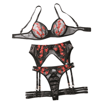 Sexy Dessous Set mit Stickerei &amp; Unterbügel – Spitze &amp; Tüll (4-teilig) {{ DaniFest }}