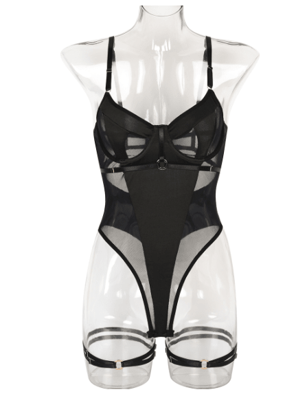 Sexy Mesh Bodysuit Damen – Neckholder Dessous Einteiler mit Ring-Detail &amp; Knopfleiste {{ DaniFest }}