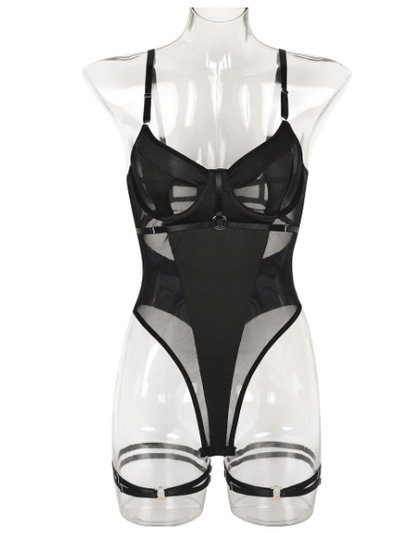 Sexy Mesh Bodysuit Damen – Neckholder Dessous Einteiler mit Ring-Detail &amp; Knopfleiste {{ DaniFest }}
