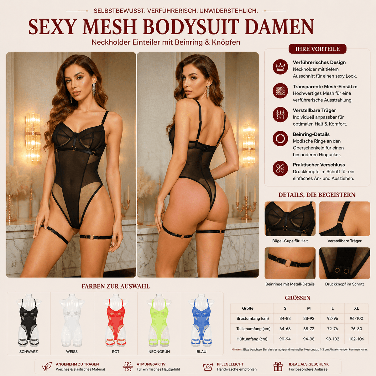 Sexy Mesh Bodysuit Damen – Neckholder Dessous Einteiler mit Ring-Detail &amp; Knopfleiste {{ DaniFest }}