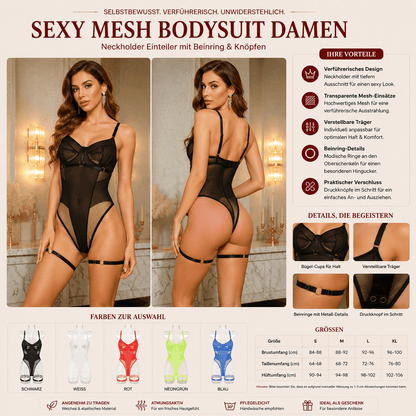 Sexy Mesh Bodysuit Damen – Neckholder Dessous Einteiler mit Ring-Detail &amp; Knopfleiste {{ DaniFest }}