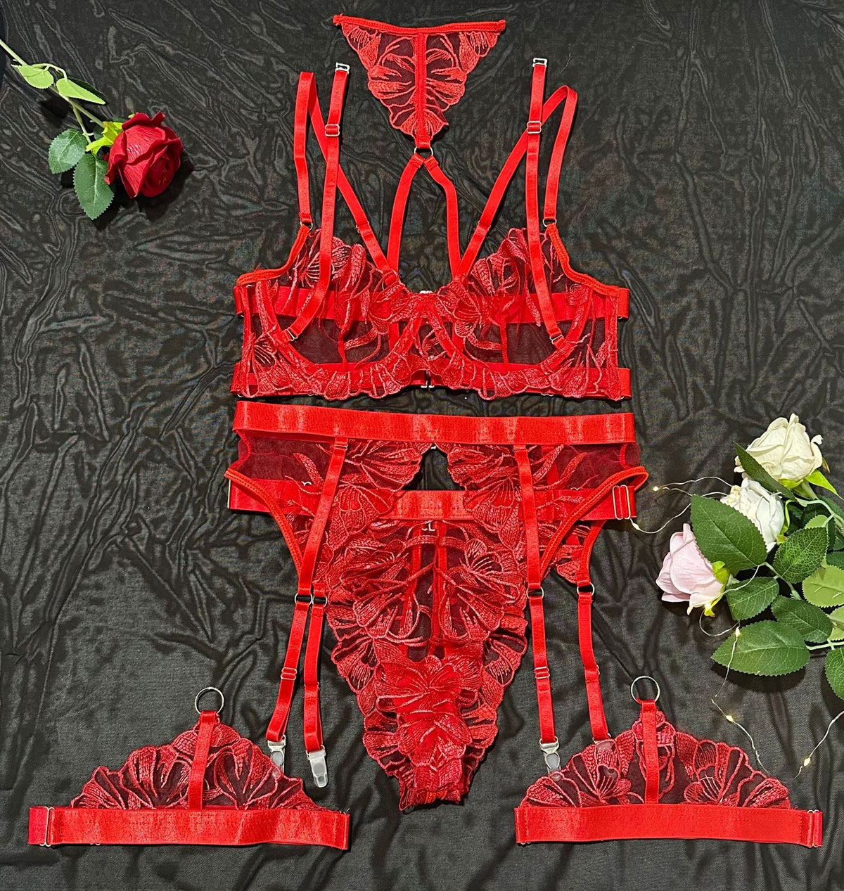 Dessous Set Damen Neckholder – Spitzen BH Set mit Bügel, Transparentem Mesh &amp; Elegantem Design {{ DaniFest }}