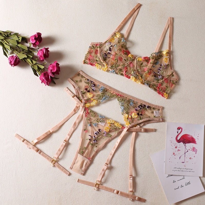 Sommer Dessous Set mit Blumenmuster – BH, Slip &amp; Strumpfgürtel (3-teilig) {{ DaniFest }}