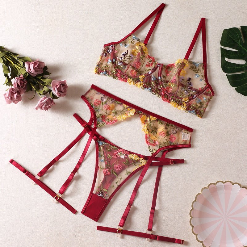 Sommer Dessous Set mit Blumenmuster – BH, Slip &amp; Strumpfgürtel (3-teilig) {{ DaniFest }}